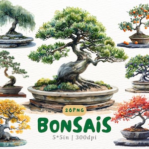May include: A collection of 26 watercolor illustrations of bonsai trees. The trees are in various styles and sizes, with different types of foliage and branches. The illustrations are in a realistic style and are perfect for use in digital or printed projects.