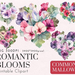 May include: A digital illustration of watercolor painted pink, purple, and white flowers in a heart shape. The flowers are arranged in a bouquet with green leaves. The text "COMMON MALLOW" is in red letters at the bottom of the image.