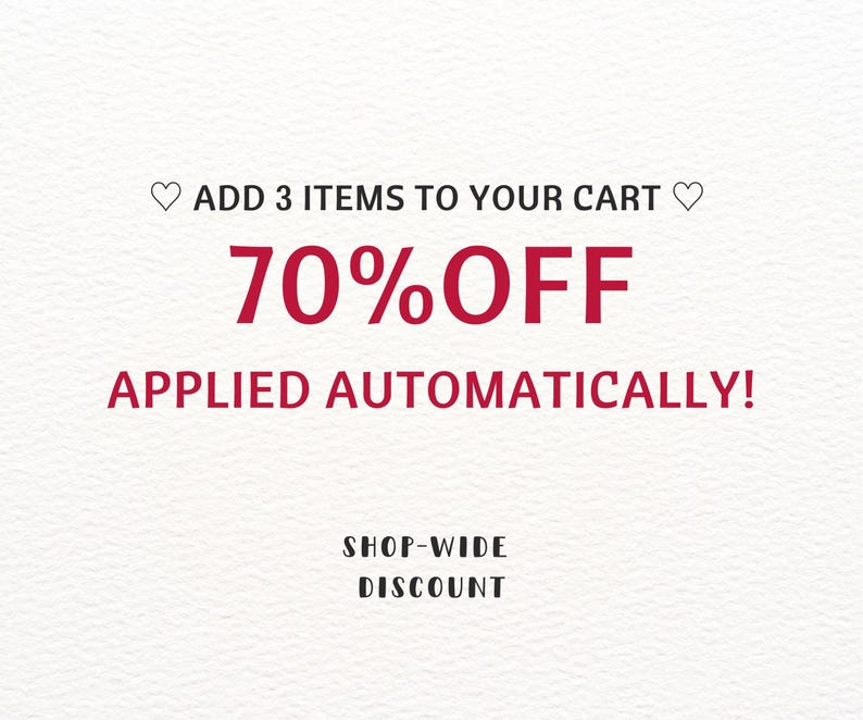 May include: White background with text in a dark red color. The text reads "ADD 3 ITEMS TO YOUR CART", "70% OFF", and "APPLIED AUTOMATICALLY!". Below, the text "SHOP-WIDE DISCOUNT" is displayed.