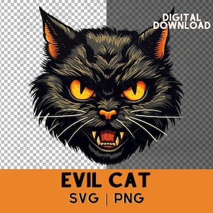 May include: A black cat with yellow eyes and a menacing expression. The cat's mouth is open, showing sharp teeth. The image is in a vintage style.