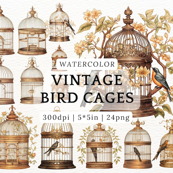 Watercolor Bird Cages, Vintage Shabby Antique Metal Bird Cage with Botanical Designs,Cottagecore Gold Cage with Tree Branches, Bird Clipart