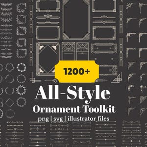 Può includere: Una collezione di oltre 1200 ornamenti vettoriali in vari stili, tra cui cornici, bordi e design angolari. L'immagine presenta uno sfondo scuro con illustrazioni bianche e beige, con il testo "All-Style Ornament Toolkit".