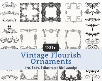 Vintage Flourish Ornaments SVG PNG AI Dividers Borders Frames Calligraphy Swirls Clipart 120 Plus Designs for Invitations Logos and Canva