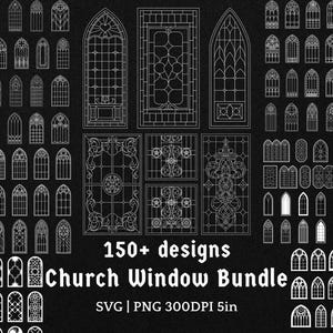 Puede incluir: Una colección de más de 150 diseños de ventanas de iglesia en formatos SVG y PNG. Los diseños son en blanco e incluyen varias formas y estilos, como arcos, rectángulos y círculos. Se muestra el texto "Church Window Bundle".