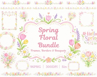 Spring Floral Frames PNG Pastel Flower Border Clipart Watercolor Wreath Bouquet Digital Download for Wedding Cards and Scrapbook Transparent