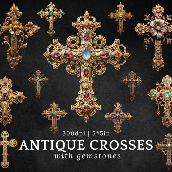 Clipart croix en métal, pendentif croix en or gravé victorien vintage avec png de pierres précieuses, croix antique gothique imprimable, croix de Style Renaissance