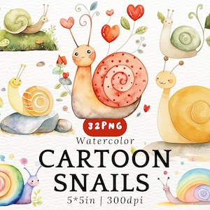 Cartoon Schnecken Aquarell Clipart - süße Kawaii mollige Schnecken, entzückende Schnecke PNGs transparenten Hintergrund, süße Tiere, Kinderzimmer Dekor