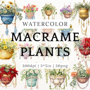 Aquarell Makramee Pflanze Clipart Bundle, hängende Topfblumen PNG, Vintage Blumenpflanzgefäße, Cottagecore botanische Kunst, für Junk Journal / Craft