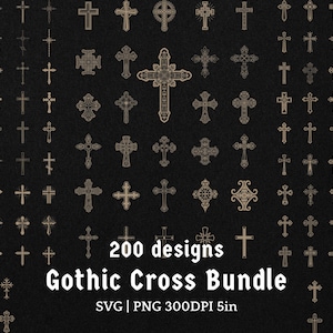 Könnte beinhalten: Eine Sammlung von 200 gotischen Kreuzdesigns in verschiedenen Stilen, dargestellt auf schwarzem Hintergrund. Die Kreuze sind hellbraun und weisen aufwendige Details auf. Der Text "Gothic Cross Bundle" wird in Weiß zusammen mit "SVG | PNG 300DPI 5in" angezeigt.