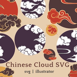 Pacote de clipart SVG de nuvem chinesa editável, design de círculo estético vermelho dourado oriental para adesivos, logotipos ilustrados, download digital