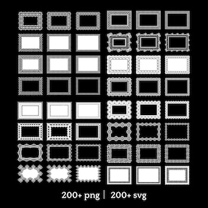 May include: A collection of white, ornate picture frames in various designs, set against a black background. The frames are rectangular with detailed borders, showcasing a range of patterns. The image includes the text "200+ png | 200+ svg".