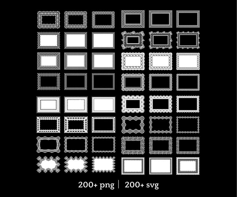 May include: A collection of white, ornate picture frames in various designs, set against a black background. The frames are rectangular with detailed borders, showcasing a range of patterns. The image includes the text "200+ png | 200+ svg".