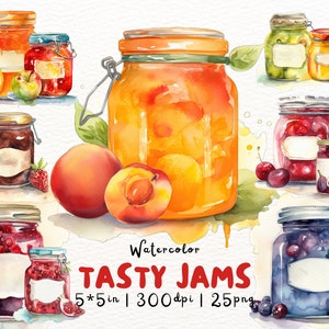Aquarel jam clipart, jampotten met blanco labels, boerenmarkt kunst, fruitige dessert illustratie png, aardbei, sinaasappel, perzik, chocoladezachte toffee