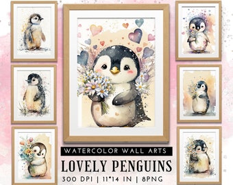 Watercolor Penguin Nursery Art PNGs with Flowers and Hearts, Digital Prints
