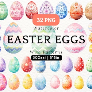 Easter Egg PNG Clipart Watercolor Patterned Eggs with Stars Floral Chevron Pastel Designs for Spring Cards Crafts Sublimation Stickers