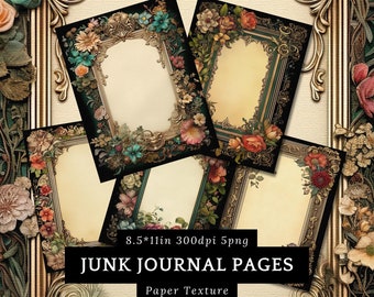 May include: Five printable digital scrapbook paper pages with ornate gold frames and floral designs. The pages are 8.5 inches by 11 inches and 300 dpi. The text "JUNK JOURNAL PAGES" is at the bottom of the image.