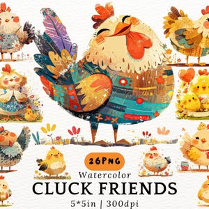 Art folklorique poulet PNG Clipart - illustrations aquarelle poule et poussin, clipart animaux de la ferme lunatique pour cartes, travaux manuels, autocollant 5 x 5 en 300 DPI