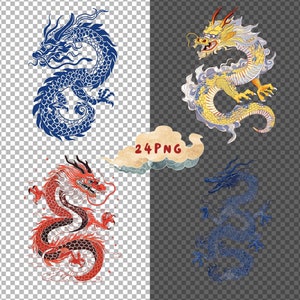 May include: Four different illustrations of dragons in various poses. The dragons are drawn in a traditional Japanese style with intricate details and vibrant colors. The dragons are blue, red, yellow, and a darker blue.