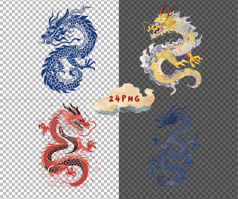 May include: Four different illustrations of dragons in various poses. The dragons are drawn in a traditional Japanese style with intricate details and vibrant colors. The dragons are blue, red, yellow, and a darker blue.