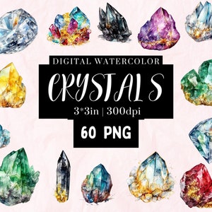 Colorful Watercolor Crystal PNG Clipart Digital Gemstone Stickers for Scrapbooking Crafts and Junk Journals 60 PNGs 300 DPI