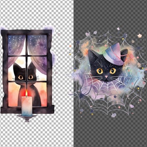 May include: A black cat with a purple and blue witch hat sits in a spiderweb with a watercolor background. The cat is looking at the viewer with yellow eyes.