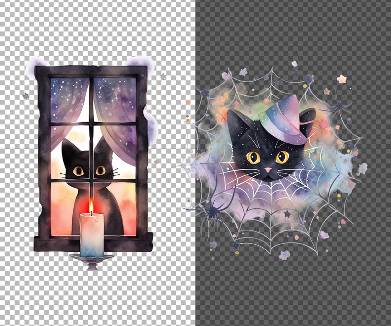 May include: A black cat with a purple and blue witch hat sits in a spiderweb with a watercolor background. The cat is looking at the viewer with yellow eyes.