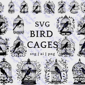 SVG-vogelkooien - vintage vogelkooi met raaf met botanisch vectorontwerp, gotische kraai met bloemen boomtak silhouet clipart, Cricut