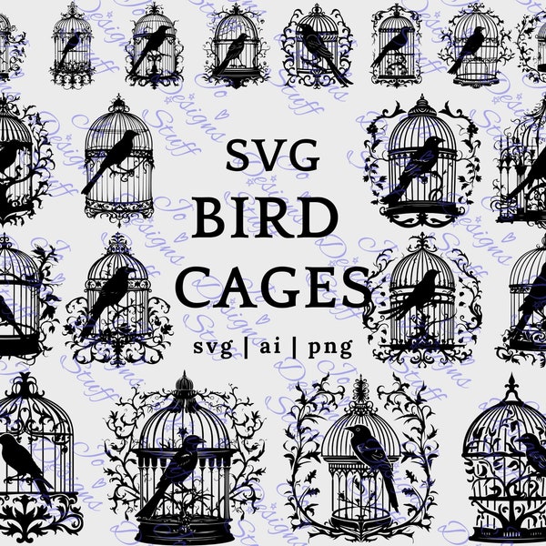 SVG Bird Cages - Vintage Bird Cage with Raven with Botanical Vector Design, Gothic Crow with Floral Tree Branch Silhouette Clipart, Cricut