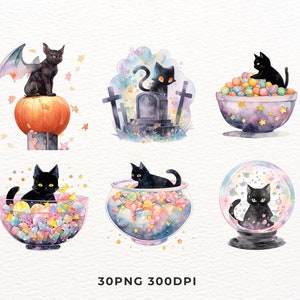 May include: Six digital illustrations of black cats in various settings. One cat is perched on a pumpkin, another is in a graveyard, another is in a bowl of candy, another is in a snow globe, another is in a bowl of candy, and another is in a bowl of candy.