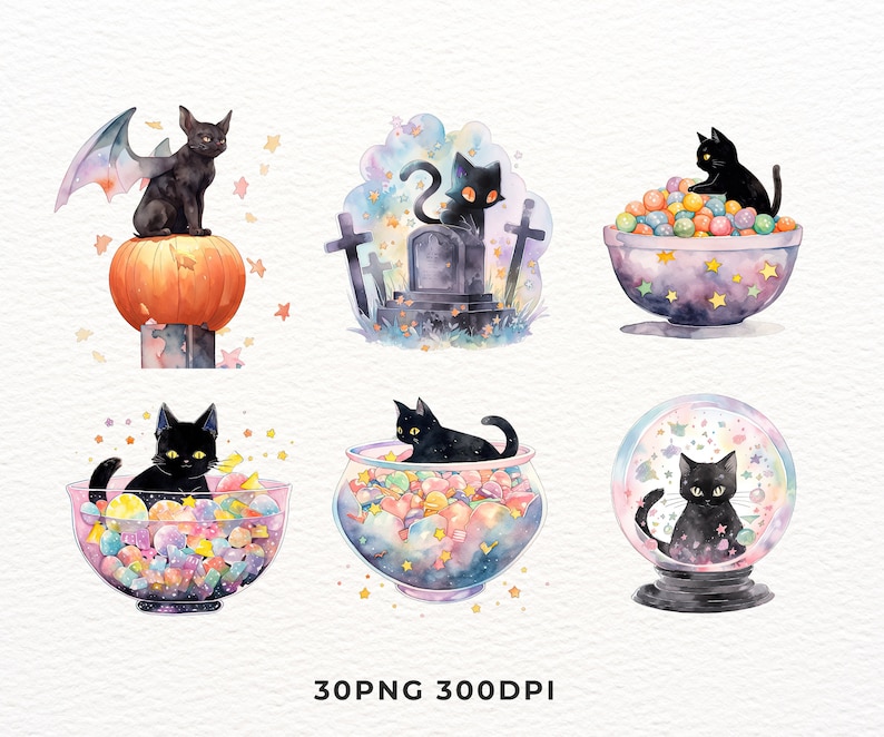 May include: Six digital illustrations of black cats in various settings. One cat is perched on a pumpkin, another is in a graveyard, another is in a bowl of candy, another is in a snow globe, another is in a bowl of candy, and another is in a bowl of candy.