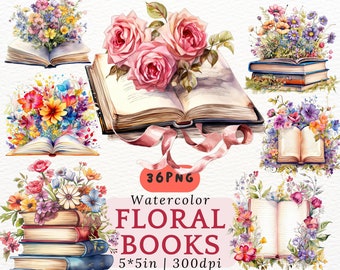 Aquarell Blumen Buch Clipart - Vintage Bücher mit Blumen PNG, romantische offene Buch Illustrationen für Scrapbooking, Etiketten, Aufkleber, 300DPI