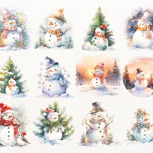 May include: A watercolour illustration of 10 different snowmen in various poses and settings. The snowmen are all wearing hats and scarves, and some are holding items like sticks or presents. The illustrations are set against a white background.