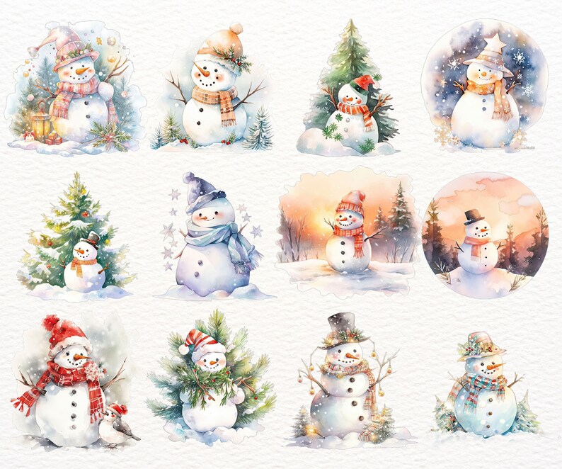 May include: A watercolour illustration of 10 different snowmen in various poses and settings. The snowmen are all wearing hats and scarves, and some are holding items like sticks or presents. The illustrations are set against a white background.