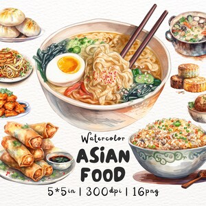 Pode incluir: Ilustração em aquarela de uma variedade de pratos de comida asiática, incluindo ramen, arroz frito, rolinhos primavera, bolinhos e frango. A ilustração é rotulada como "Watercolor Asian Food 5*5 in | 300 dpi | 16 png".