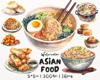 Clipartcollectie Aziatisch eten - aquarel knoedels, hotpot, ramen, gebakken rijst, noedels, sushi, loempia's, Chinees eten, scrapbooking,