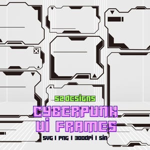 May include: A collection of black and white Cyberpunk UI frames in various shapes and sizes. The frames have a futuristic, tech-inspired design with sharp angles and geometric shapes. The text "Cyberpunk UI Frames" is displayed in purple.