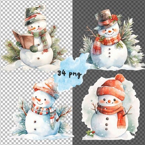 May include: Four watercolour illustrations of snowmen. The first snowman is wearing a red and white hat and a green scarf and is holding a book. The second snowman is wearing a black top hat and a red and white scarf. The third snowman is wearing a red and white hat and a red and white scarf. The fourth snowman is wearing a red and white hat and a red and white scarf.