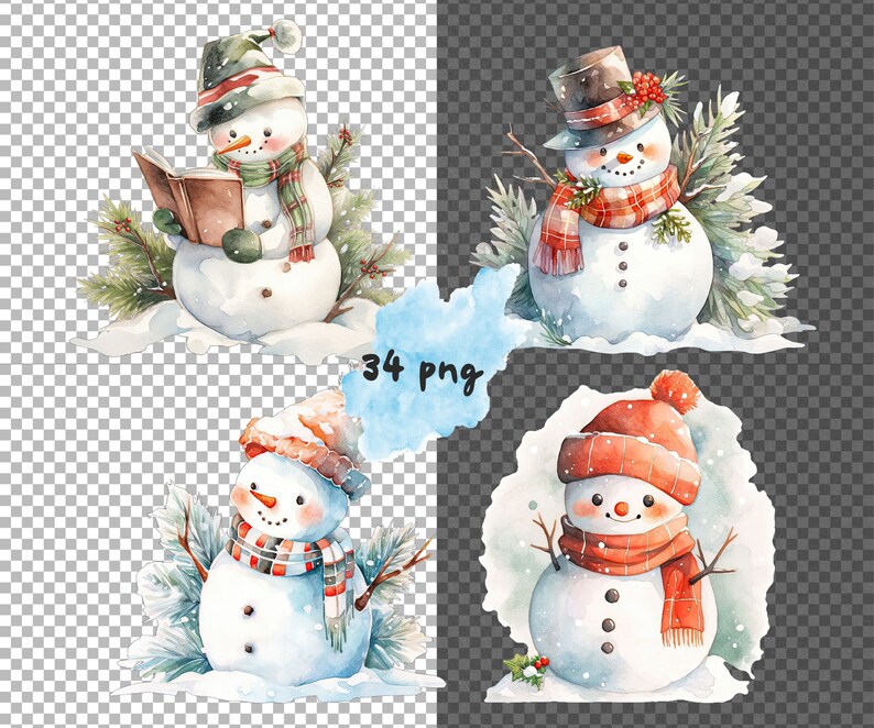 May include: Four watercolour illustrations of snowmen. The first snowman is wearing a red and white hat and a green scarf and is holding a book. The second snowman is wearing a black top hat and a red and white scarf. The third snowman is wearing a red and white hat and a red and white scarf. The fourth snowman is wearing a red and white hat and a red and white scarf.