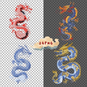 May include: Four digital illustrations of dragons in different poses. Two dragons are blue and gold, and two dragons are red and black. The dragons are all in a traditional Chinese style.