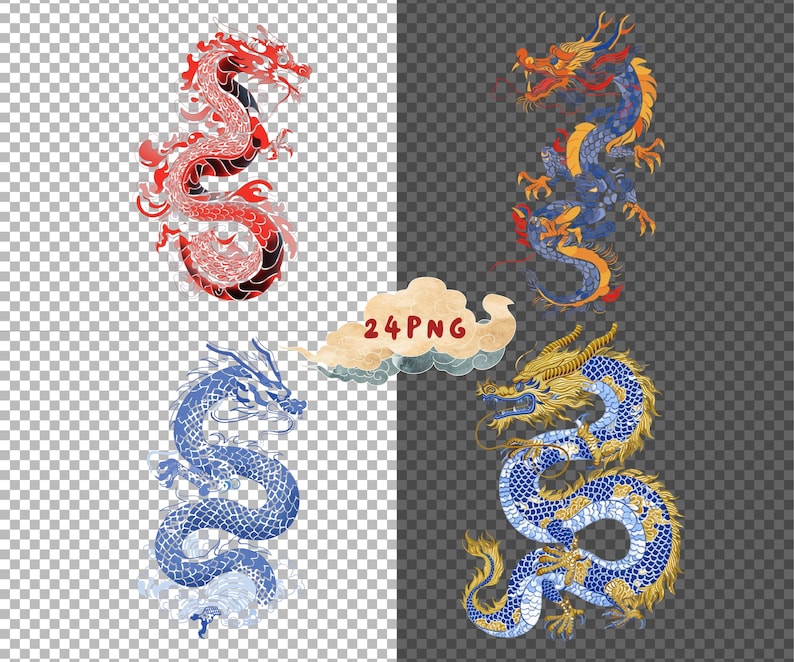 May include: Four digital illustrations of dragons in different poses. Two dragons are blue and gold, and two dragons are red and black. The dragons are all in a traditional Chinese style.