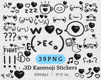 Pegatinas digitales 3D Kaomoji Emote Kawaii PNG Corazón Negro Descarga digital para planificadores, diarios y redes sociales Emoticones japoneses