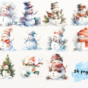 May include: A set of 10 watercolour illustrations of snowmen in various poses and wearing different hats and scarves. The snowmen are surrounded by snow and greenery. The illustrations are perfect for adding a festive touch to your winter projects.