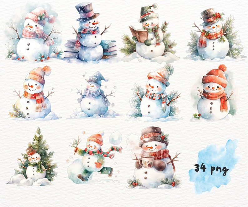May include: A set of 10 watercolour illustrations of snowmen in various poses and wearing different hats and scarves. The snowmen are surrounded by snow and greenery. The illustrations are perfect for adding a festive touch to your winter projects.