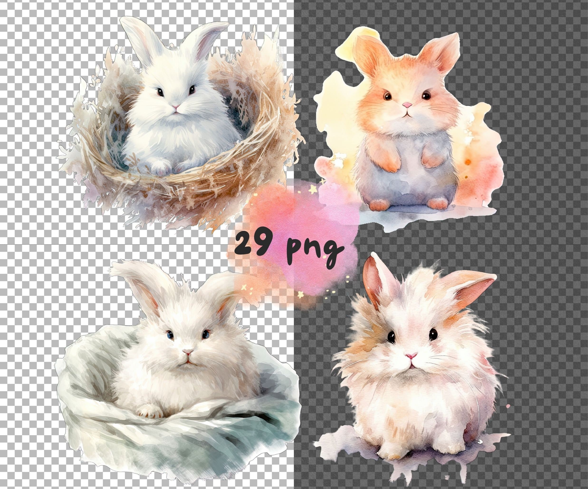 Watercolor Bunny Clipart Cute Baby Rabbit PNG Set for Nursery Decor ...