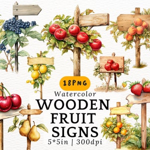 Letrero de fruta de acuarela PNG Clipart Letreros de huerto de madera vintage para decoración de granja Etiquetas de jardín Scrapbooking Descarga digital 300 DPI