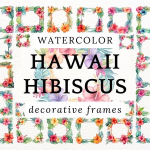 Hawaiian Hibiscus Frame PNG - Watercolor Tropical Floral Borders for Invitations, Cards, Scrapbooking - Decorative Jungle Clipart 300DPI