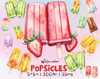 Watercolor Popsicle PNG Clipart - 35 Colorful Ice Pop Illustrations for Summer Stickers, Invitations, Sublimation, Scrapbooking 5x5in 300DPI