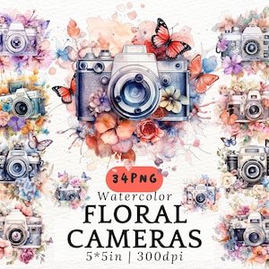 Aquarell Kamera Clipart - Set von 34 PNGs, Vintage Kameras mit Blumen und Schmetterlingen, botanische Kunst, transparenter Hintergrund, 300 DPI