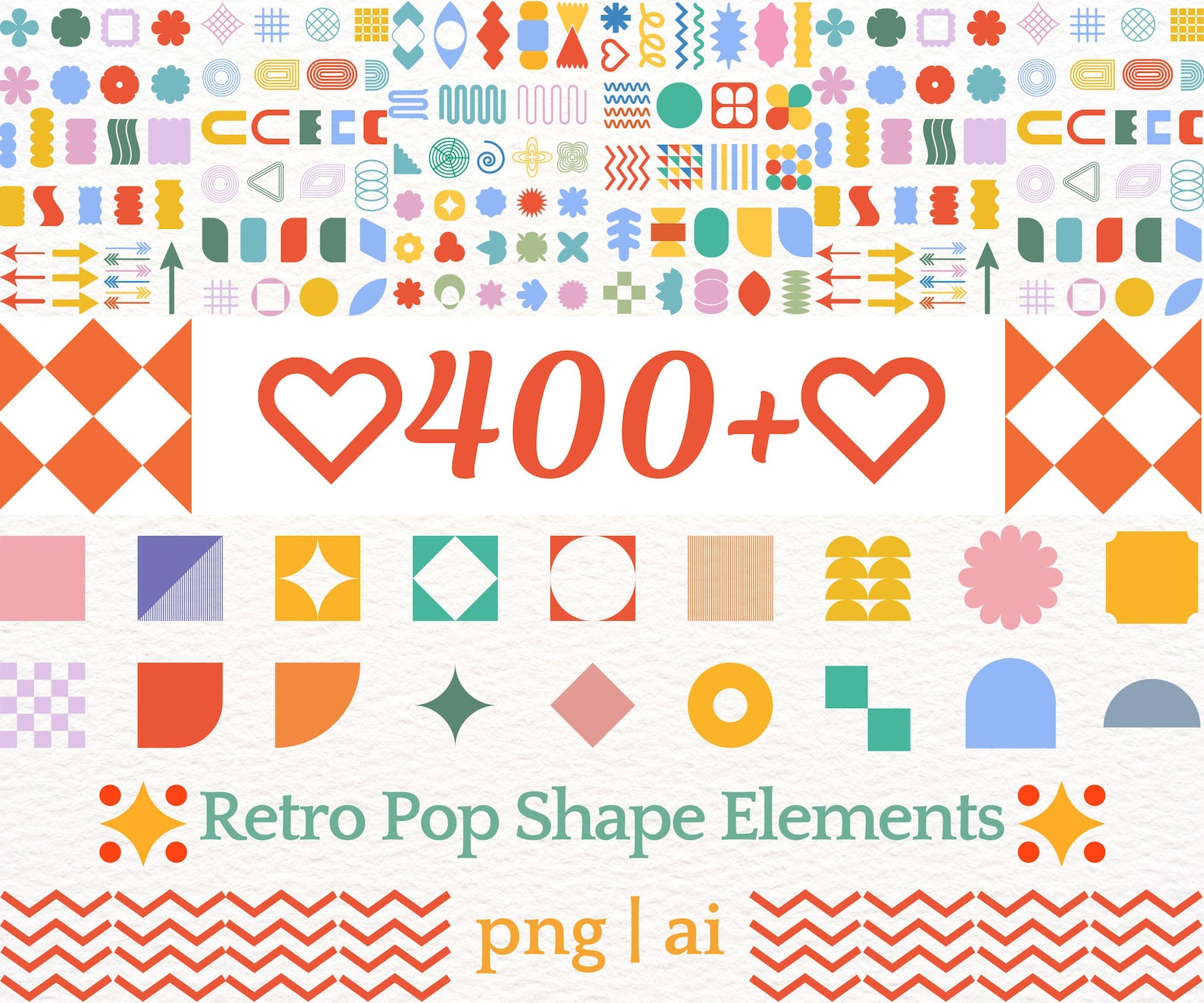 Retro Shape Elements Bundle - 400+ Colorful Abstract PNG, AI Graphics ...
