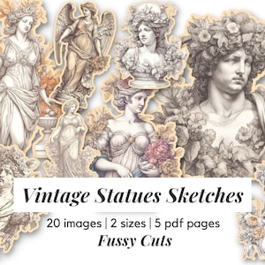 Clipart de statues vintage coupe délicate - croquis au crayon antiques avec fleurs, éphémères de déesse romaine, bustes grecs, art imprimable PNG
